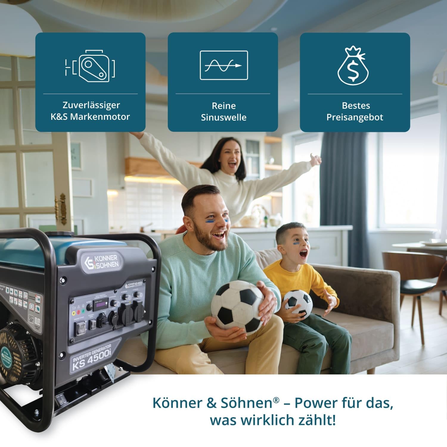 K&S Könner&Söhnen KS 4500i Inverter-Benzingenerator, max. Leistung 4500W, USB QC 3.0, Type-C, Eco-Modus, LED-Display, 4-Takt, 12V, 2×230 V Steckdosen, Könner & Söhnen