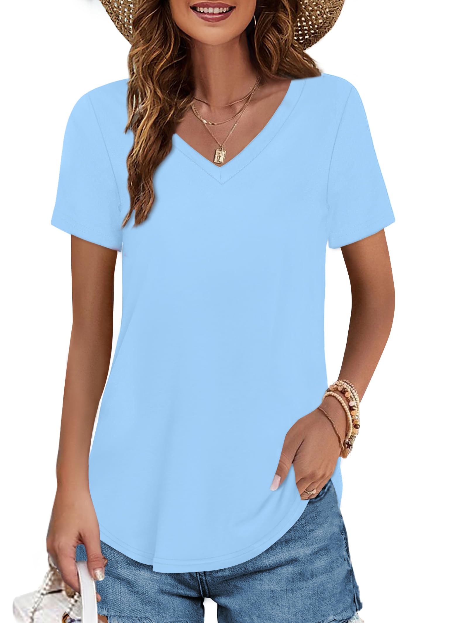 Elesomo Womens T Shirts V Neck Summer Short/Long Sleeve Cotton Tops Tees