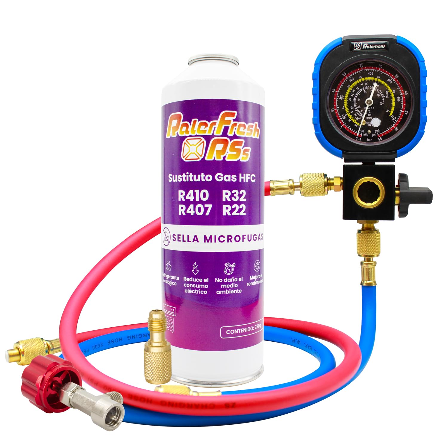 Ralerfresh RS - R410, R32, R407, R22, R22, ricarica di gas refrigerante organico per aria condizionata Split Ecologico efficiente ricarica rapida (bottiglia RSs + Man RF31)