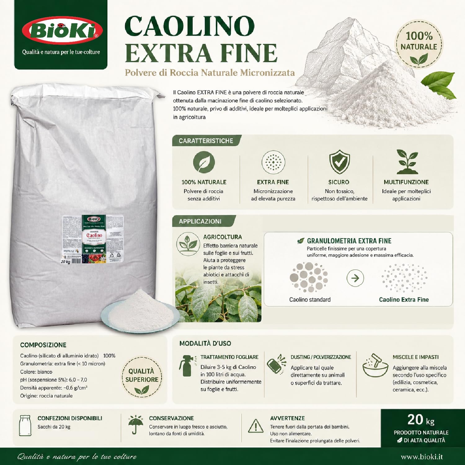 Bioki CAOLINO per Agricoltura, N.1 Busta da 20 kg, Alta micronizzazione per Insetti molesti da Applicare in frutticoltura, olivicoltura, viticoltura, floricoltura e Giardinaggio.