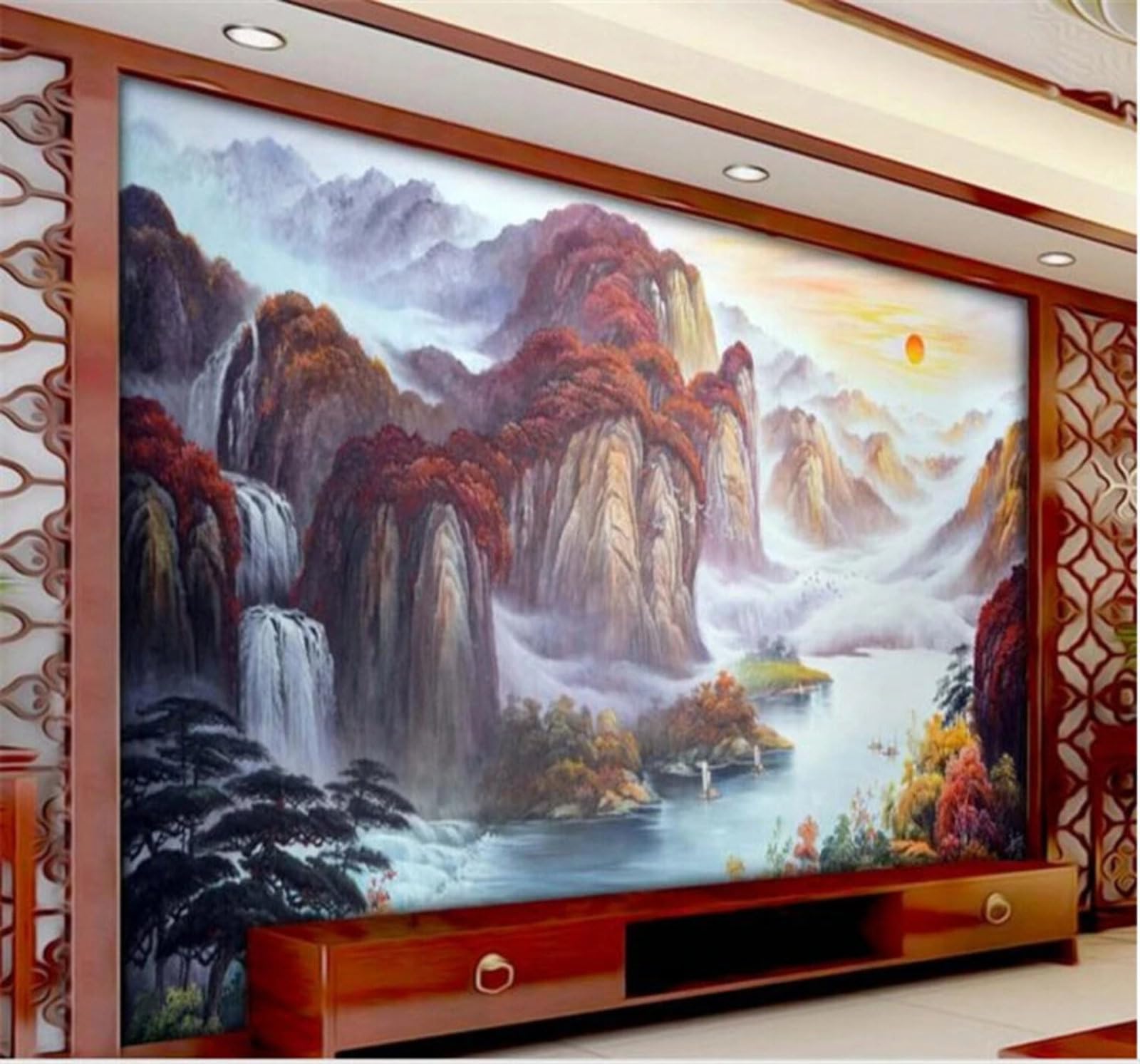Xlming 350Cm×256Cm(B×H) Beautiful Sunrise Ink Wash Landscape Scenery 3D Wallpaper Luxury Home Dining Decor Paste Sofa Living Room The Wall For Bedroom Mural-350Cm×256Cm