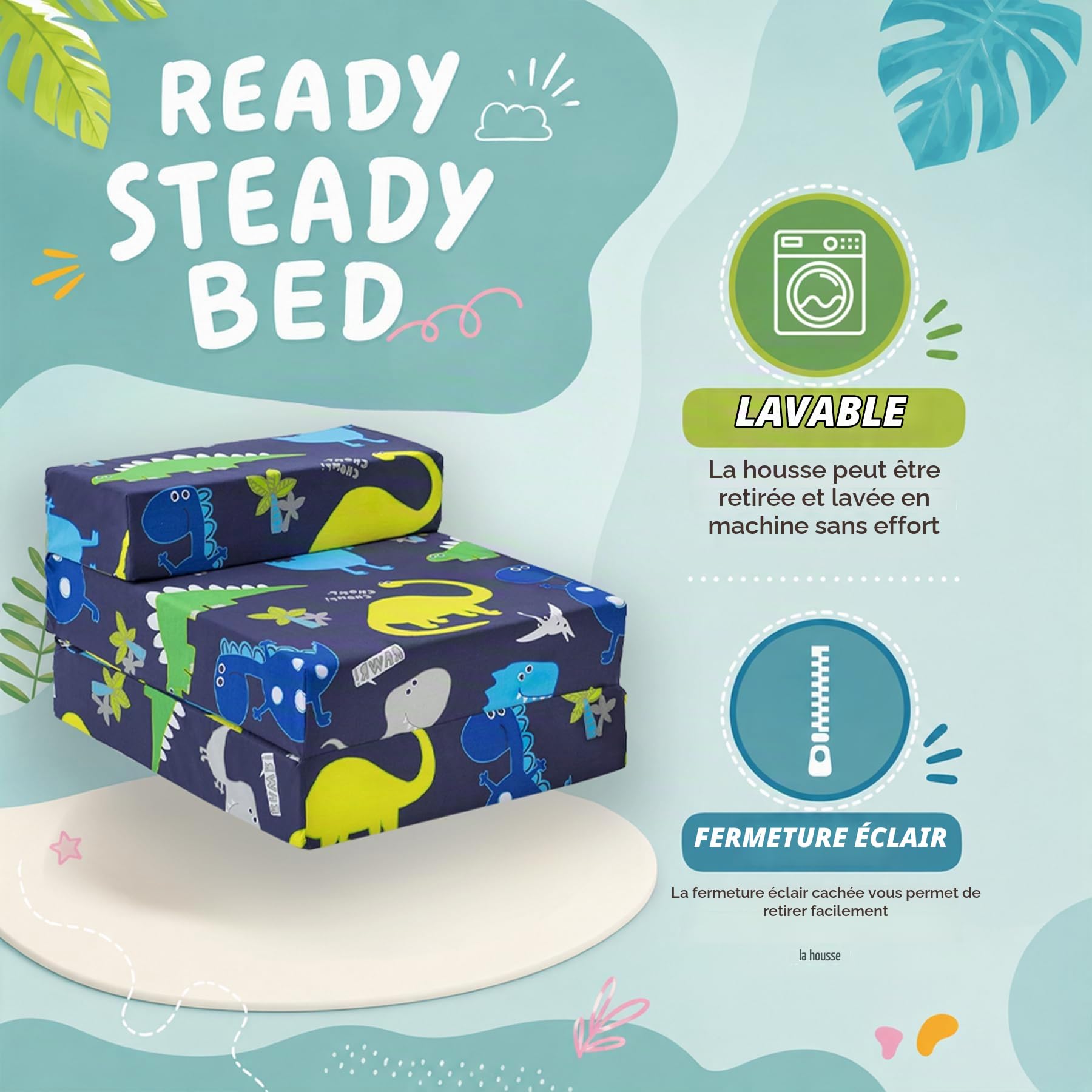 Canapé-lit pliable pour enfants - Fauteuil de couchage simple pour enfants - Meuble de chambre confortable pour salon et salle de jeux (dinosaure foncé)