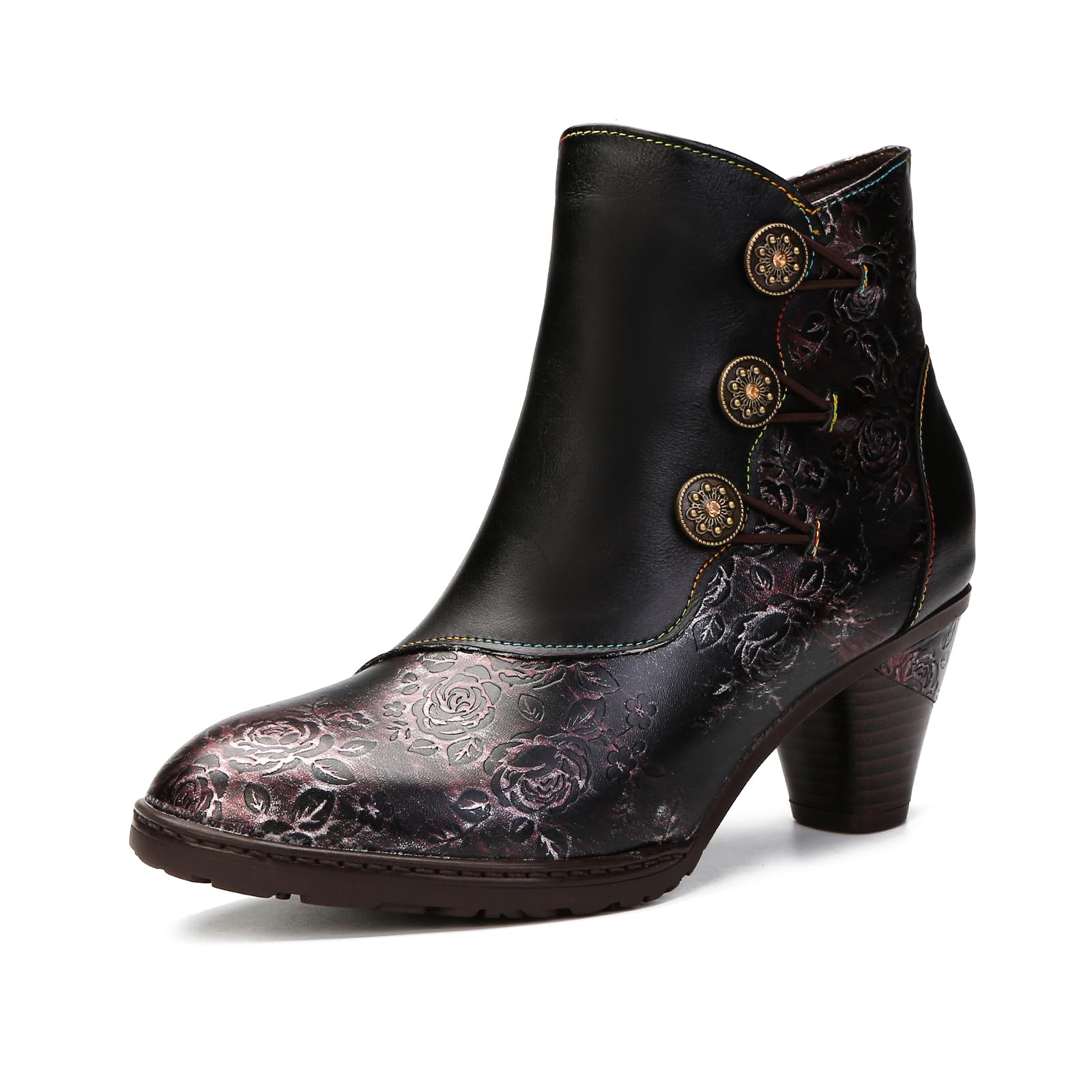 metcandy Superladystar's Handmade Floral Stitching Women's Ankle Boots, Cowhide Leather, Hand-embossed, Retro Style