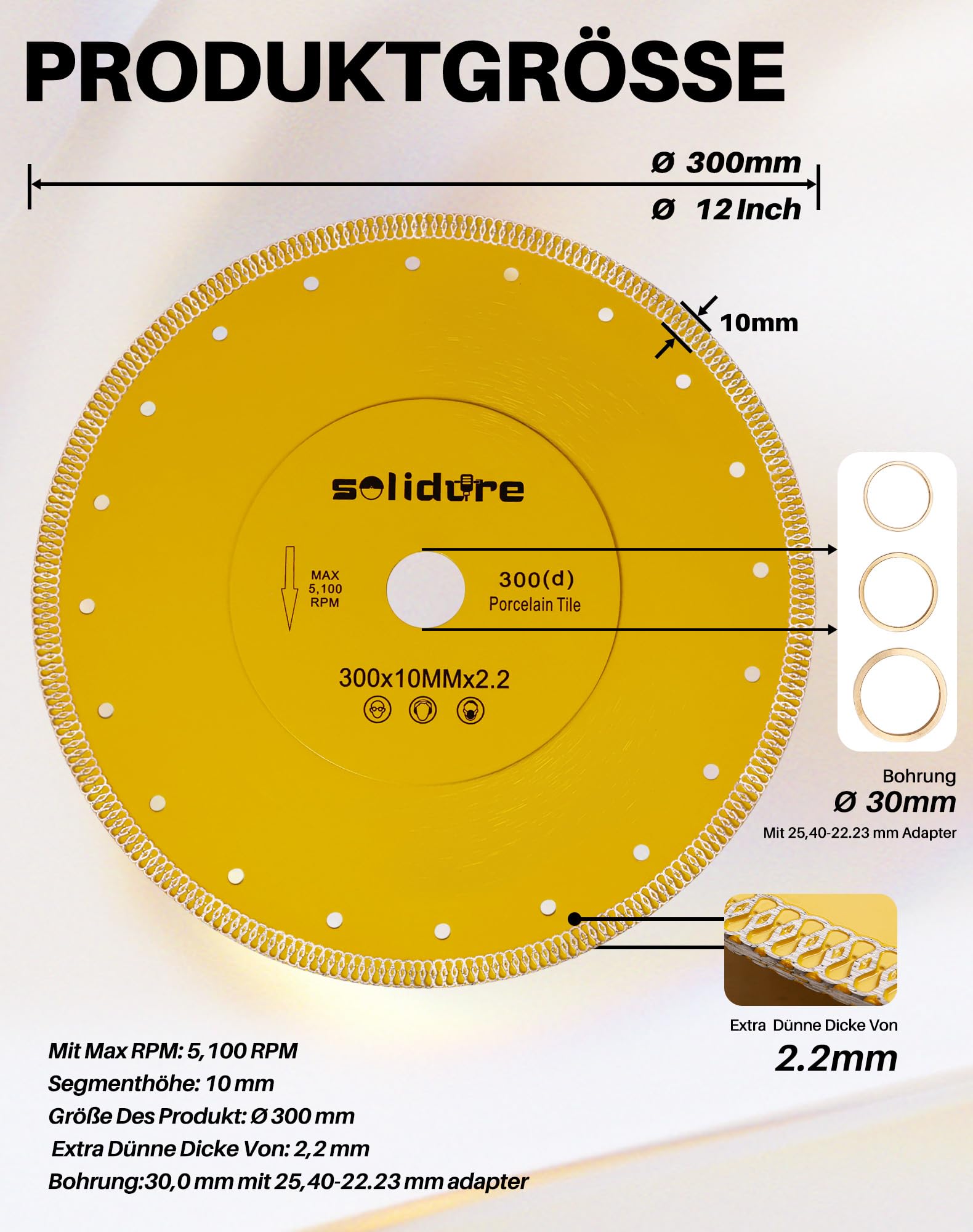 Disco de corte de diamante de gres porcelánico Ø 300 mm x 30,0 mm/25,4 mm para corte en húmedo – azulejos, cerámica, piedra, hormigón, piedra natural, granito, mármol