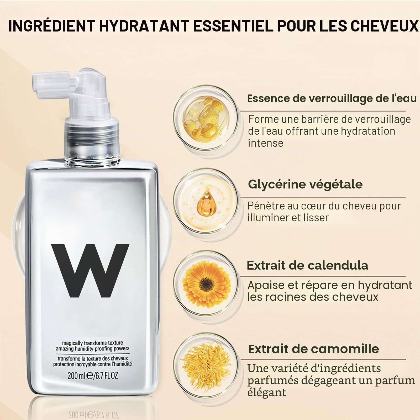 Spray anti-frisottis pour tous les types de cheveux, cheveux super lisses, protection contre la chaleur, spray brillant pour cheveux souples, 200 ml