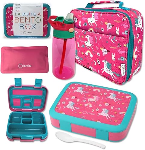 Miniatura 10 de kinsho Lonchera Bento, botella de agua, juego de bolsas de hielo para niños pequeños, 5 secciones de porciones, bandeja de plástico extraíble,