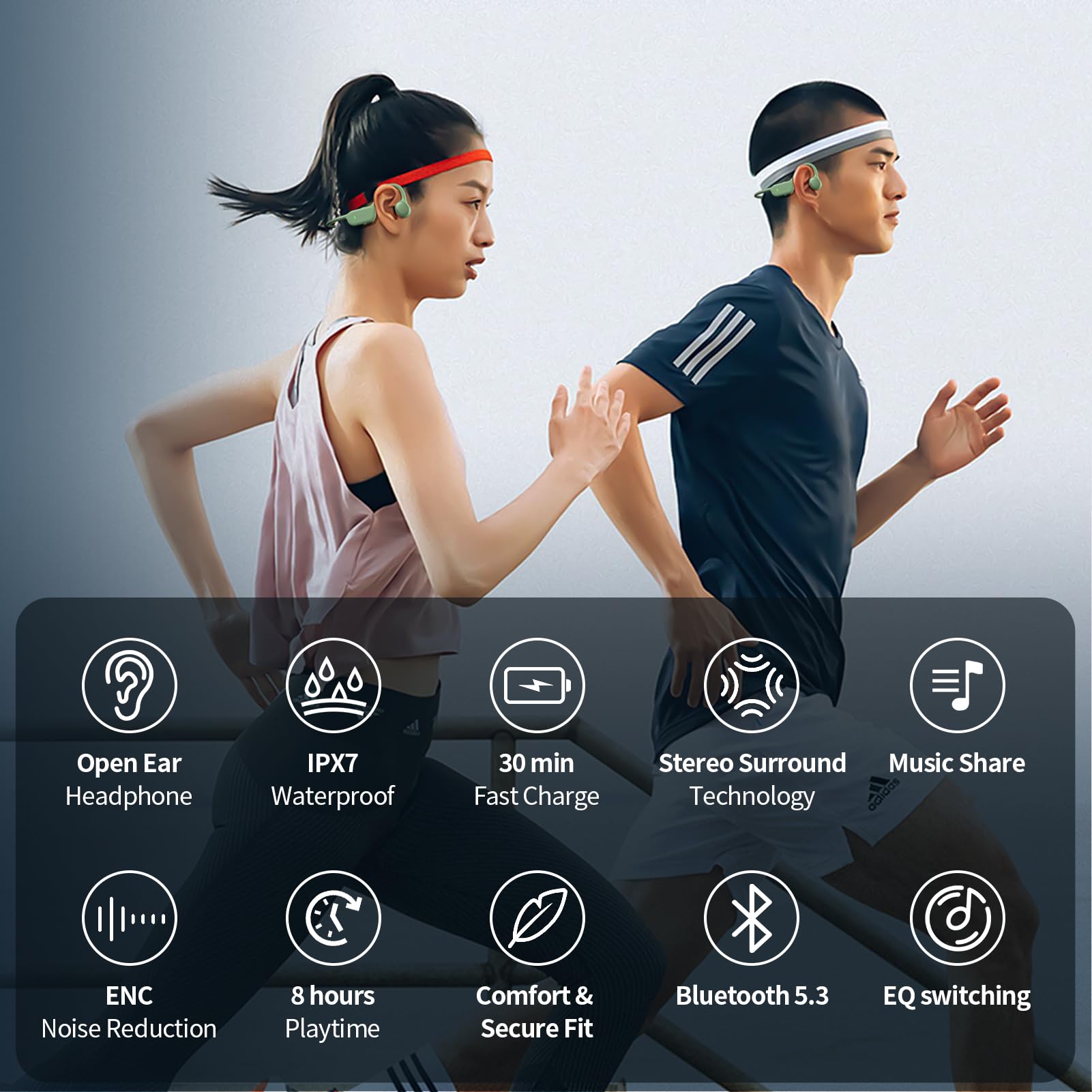 DACOM Zestaw słuchawkowy z przewodnictwem kostnym, bezprzewodowe słuchawki sportowe Bluetooth 5.3, IPX7, wodoodporne, 2 w 1, otwarte ucho, z mikrofonem do biegania, wędrówek, treningu treningowego