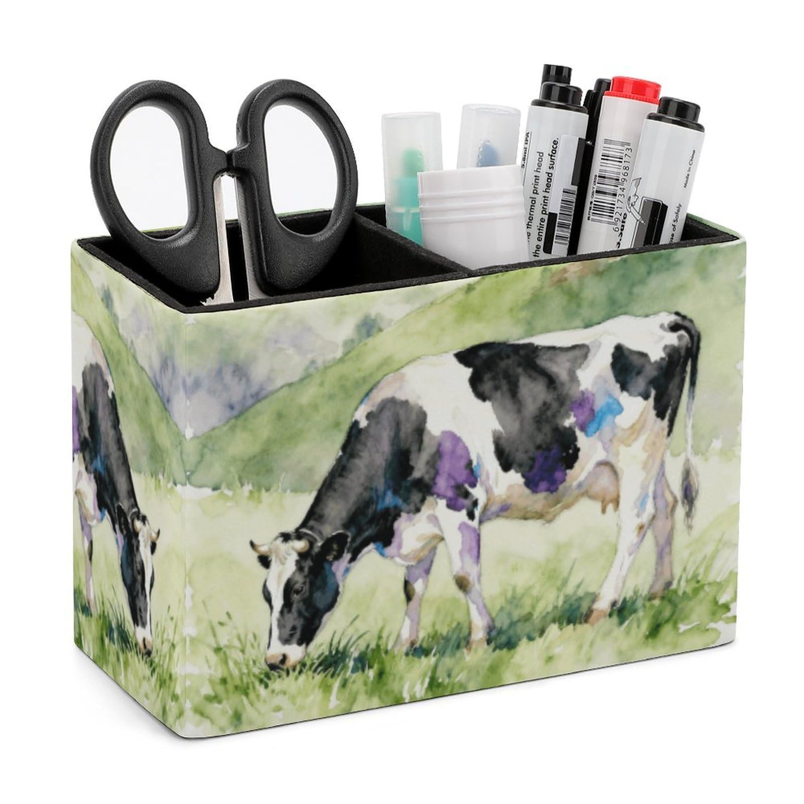LZQPOEAS Exquisite Patterns PU Leather Pen Holder, Multifunctional Desktop Organizer Caddy with 2 Compartments, Cows Grazing Leisurely Pencil Cup Makeup Brush Holder for Office Home