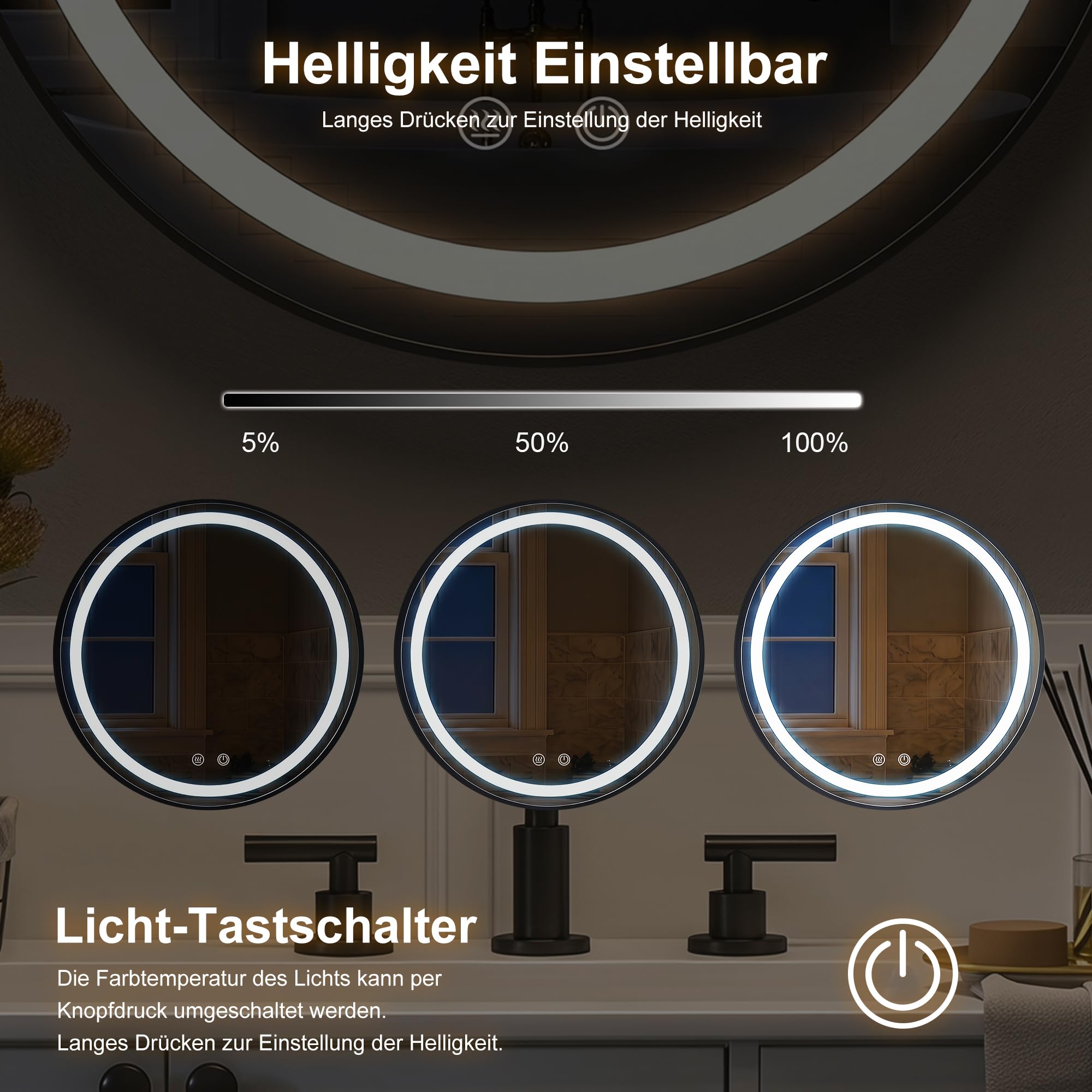 60cm Rund Spiegelschrank Bad mit Beleuchtung dimmbar beschlagfrei