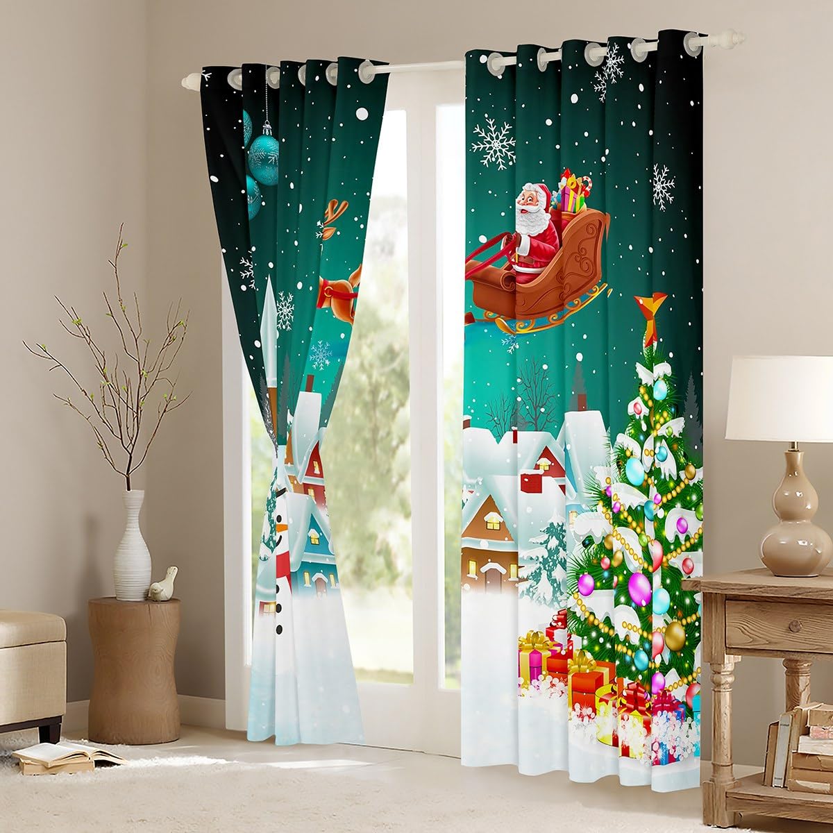 Manfei Christmas Blackout Curtain Xmas Tree Snowman Window Drapes for Kids Girls Room Decor Santa Claus with Reindeer Window Treatments Grommet Top 2 Panel Set Bedroom Curtains - Image 3