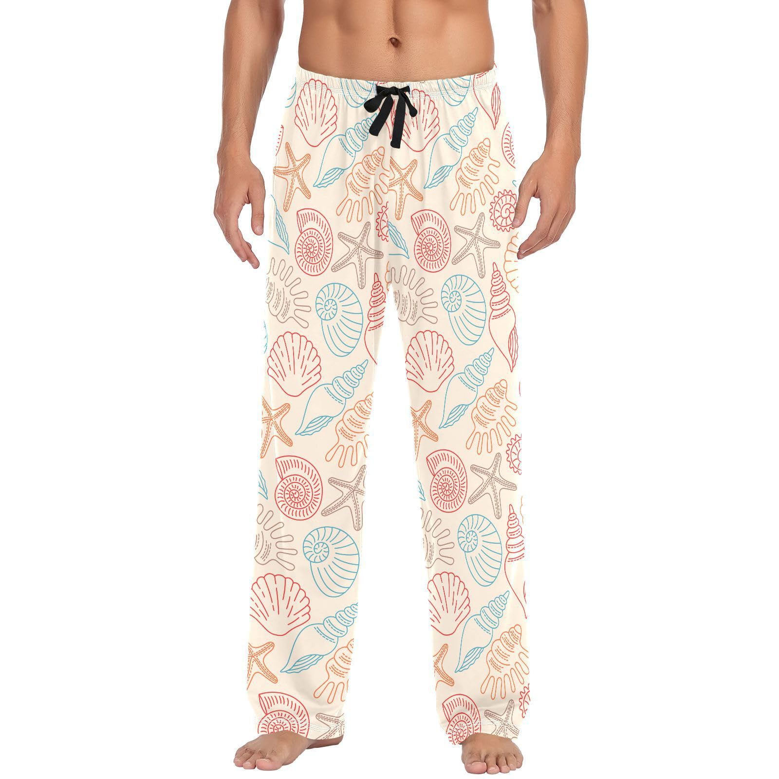 Pyjamahose für Herren, Motiv: Doodle Seashells, Sea Life Herren-Pyjamahose, 100 % Baumwolle, Schlafhose, gerade Passform, Pyjamahose mit Taschen, Kordelzug, Größe L, mehrfarbig, L