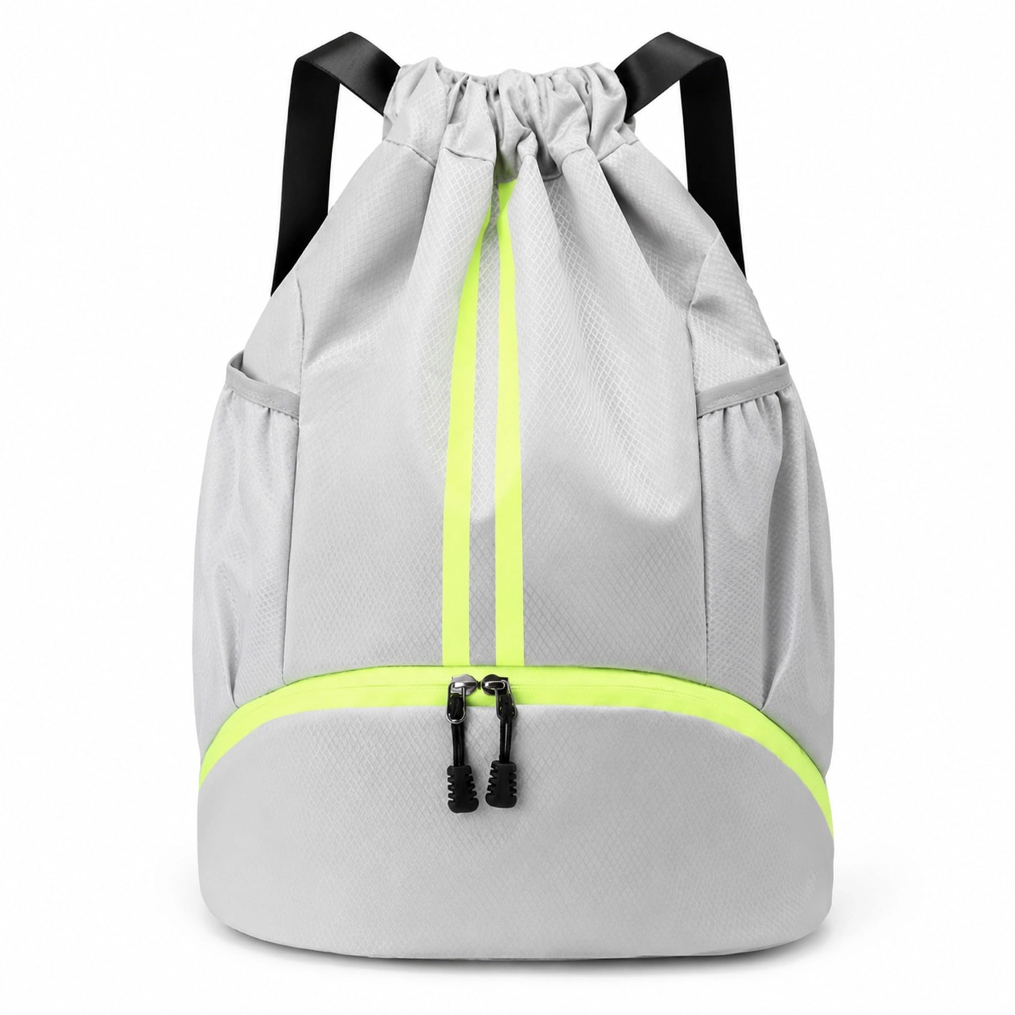 Waterproof Drawstring Backpack for Gym & Swim – Lightweight Sports String Bag with Shoe Compartment & Side Mesh Pockets, Large Capacity Foldable Travel Drawstring Rucksack for Men & Women,White