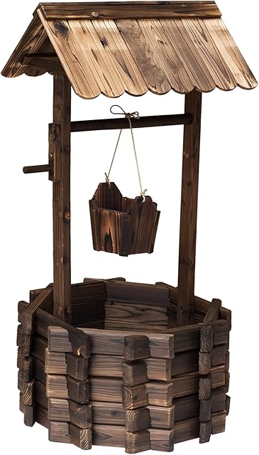 Outsunny Wooden Wishing Well Planter Outdoor Flower Pot Backyard Garden Decor w/ Bucket