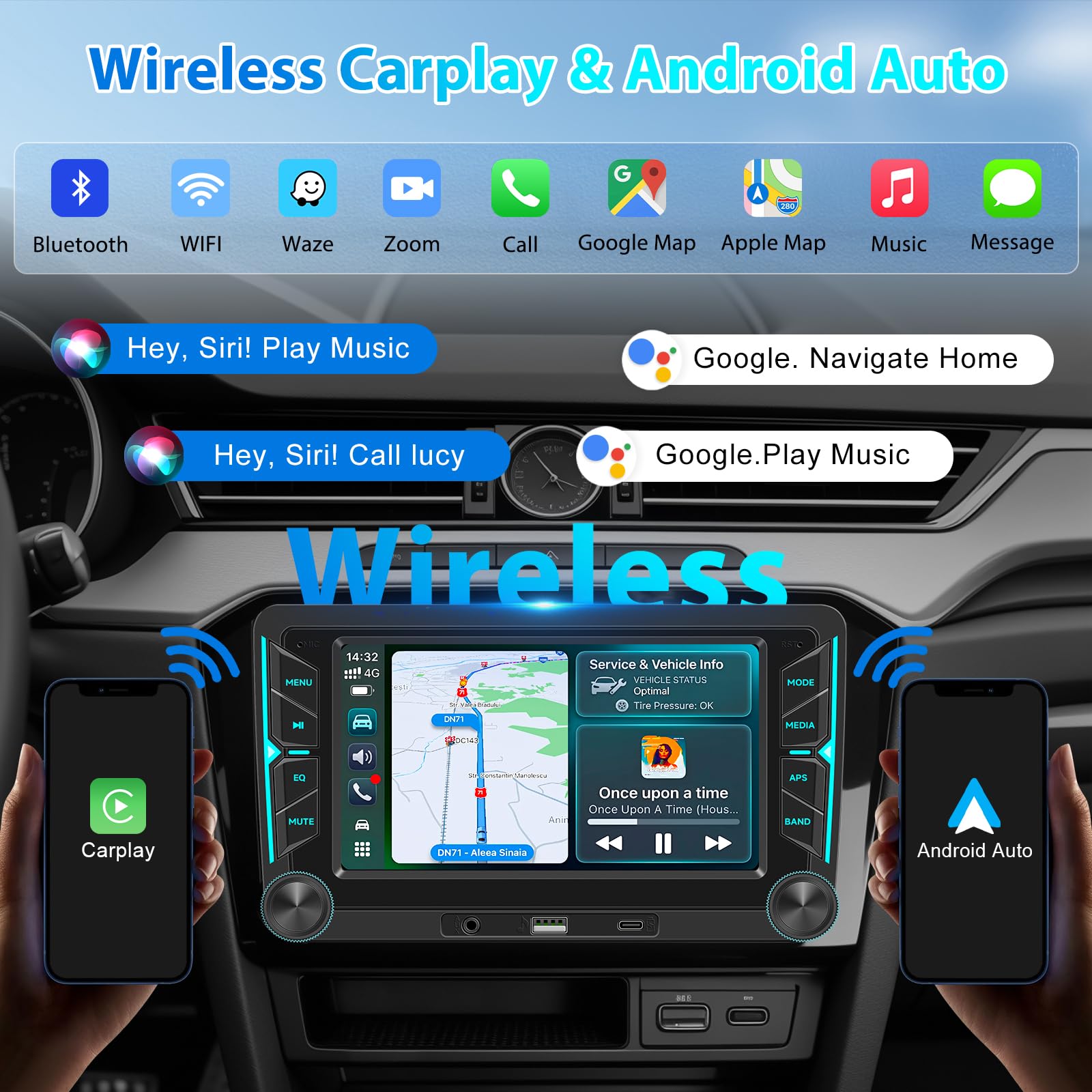 Radio de Coche para VW Golf 5 6 Passat Polo Tiguan Touran Caddy Skoda Seat 7 Pulgadas Pantalla Táctil Inalámbrico Carplay Radio con Android Auto Bluetooth Mirror Link FM Am RDS EQ USB Not Android