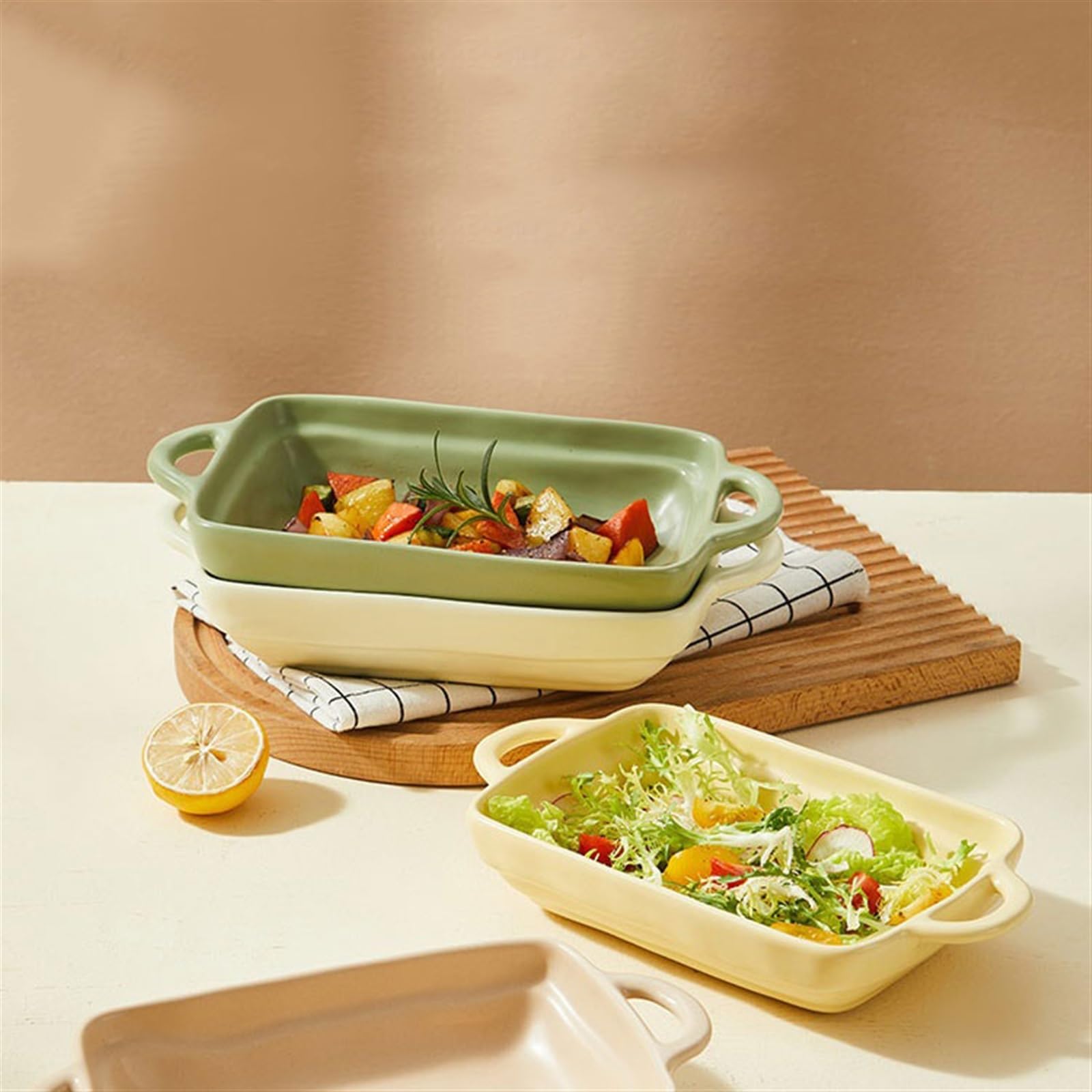 Teglia da forno Piatto da forno for riso al con formaggio in ceramicaCiotola for doppio orecchioPiatto pranzo for a microonde domestico largo for spaghetti Casseruola(Green,7.6inch)