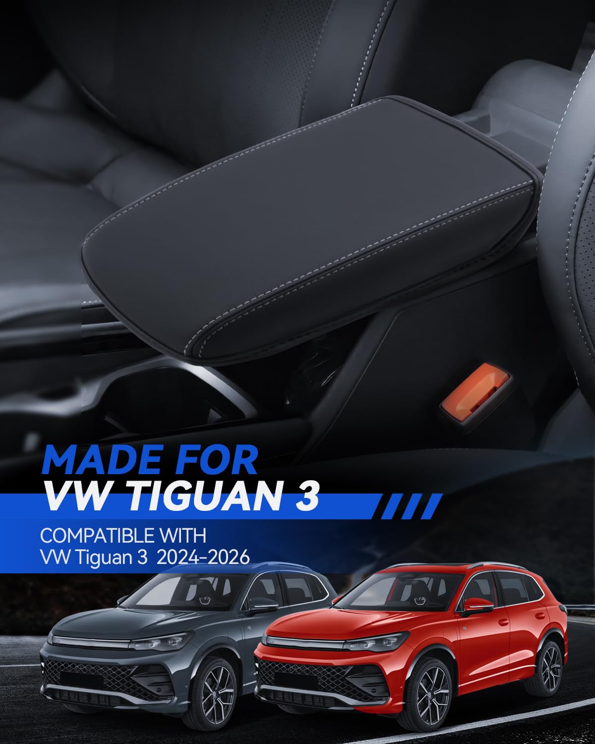 Copertura per bracciolo centrale per Tiguan 3 2024-2026 Thick Cotton Filling Microfibra PU Leather Padding Bracciolo Copertura Protettiva Impermeabile e Antiscivolo VW Tiguan III MK3 Accessori