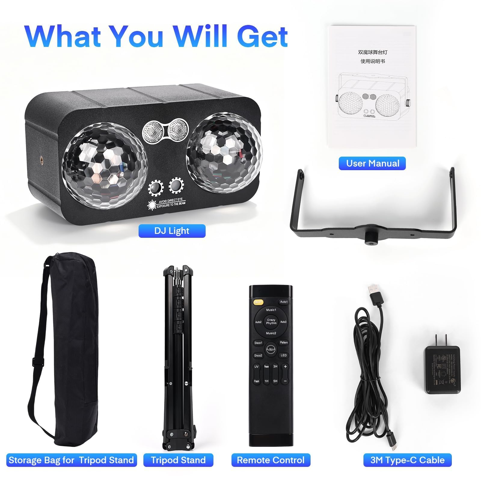 Lumières Disco 6 en 1 avec Trépied, Jeu de Lumière Disco avec 2 Boules Disco Lumière DJ RGB Activée par Musique, Effet Stroboscopique, Lampe de Scène pour Fête, Mariage, Soirée DJ, Noël et Halloween