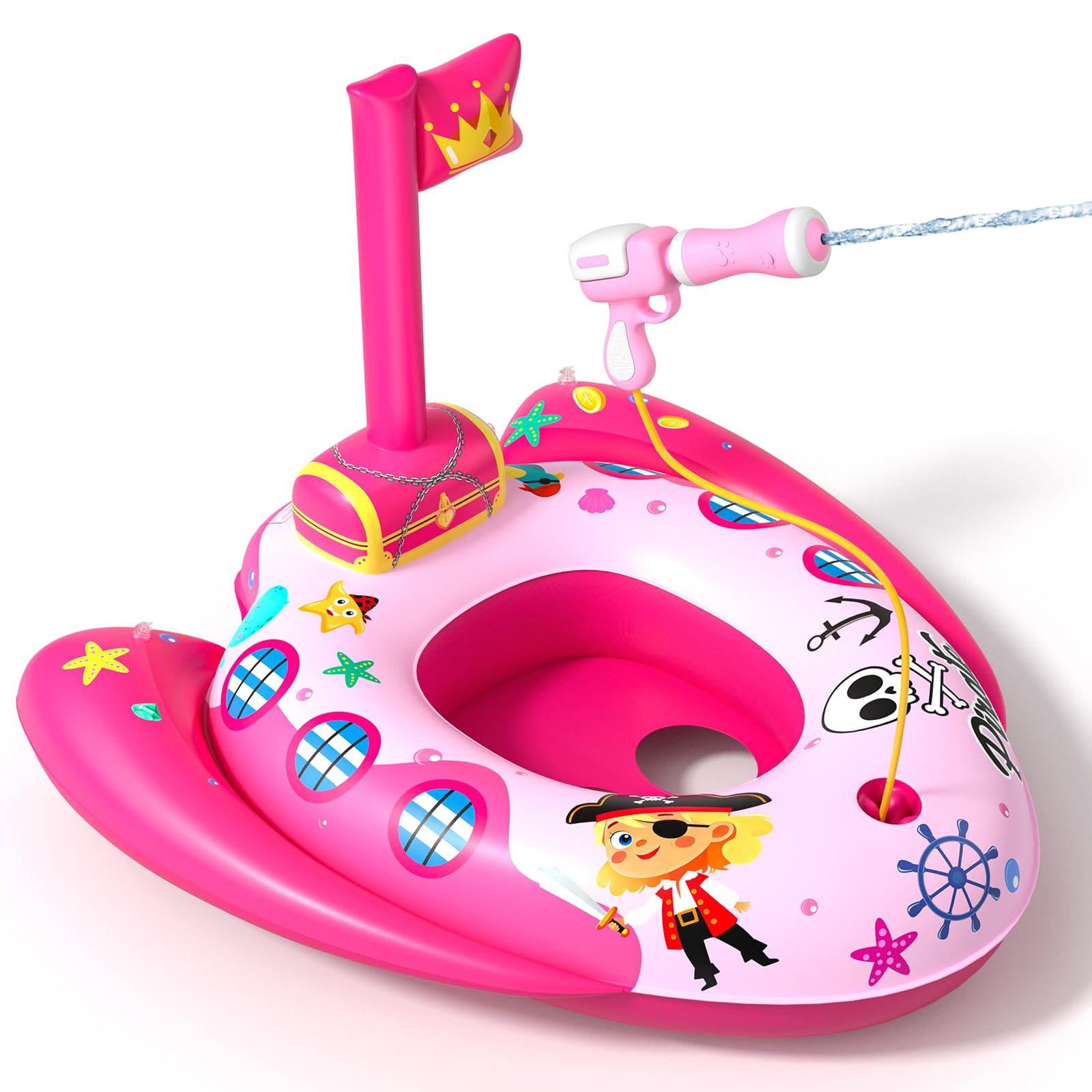 AZDYJL Pirate Ship Kids Pool Floats with Water Gun,Toddler Pool Float Inflatable Ride-on Swimming Pool Toy for Girls Aged 3 4 5 6 7 Years,Summer Outdoor Water Pool Games Toys for Girls