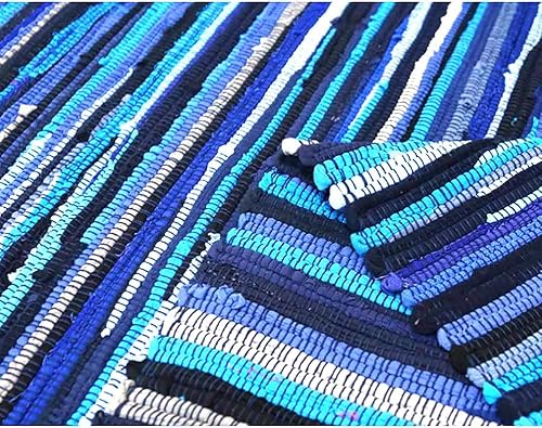 Miniatura 3 de SERENITA Chindi - Alfombra reversible de algodón tejida a mano para cocina, dormitorio, baño, sala de estar, lavable, rayas azules, 22 x 36 pulgadas