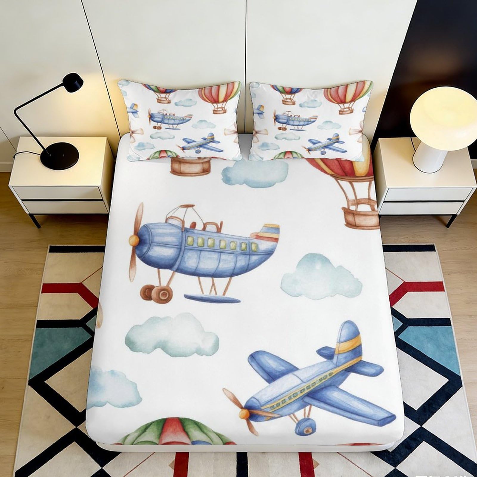 3D Printed Blue Airplane Fitted Sheet Microfiber Soft Breathable Hot Air Balloon Mattress Cover for Bedroom Dorm Décor 90x200x25cm