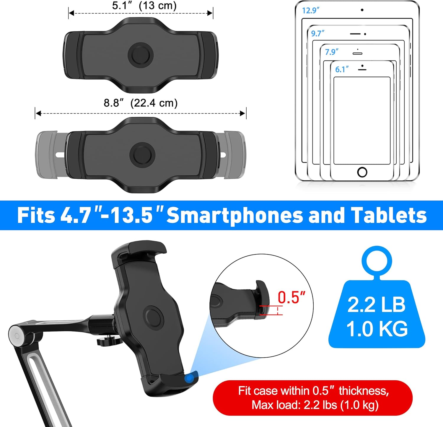 AboveTEK iPad Wall Mount, 3 in 1 Highflex 360° Under Cabinet iPads Mount for Kitchen, Tablet Celling Under Counter Holder, Kitchen Tablet Mount Fits 4.7" to 13.5" iPad, mini, Air, Surface Pro - Black