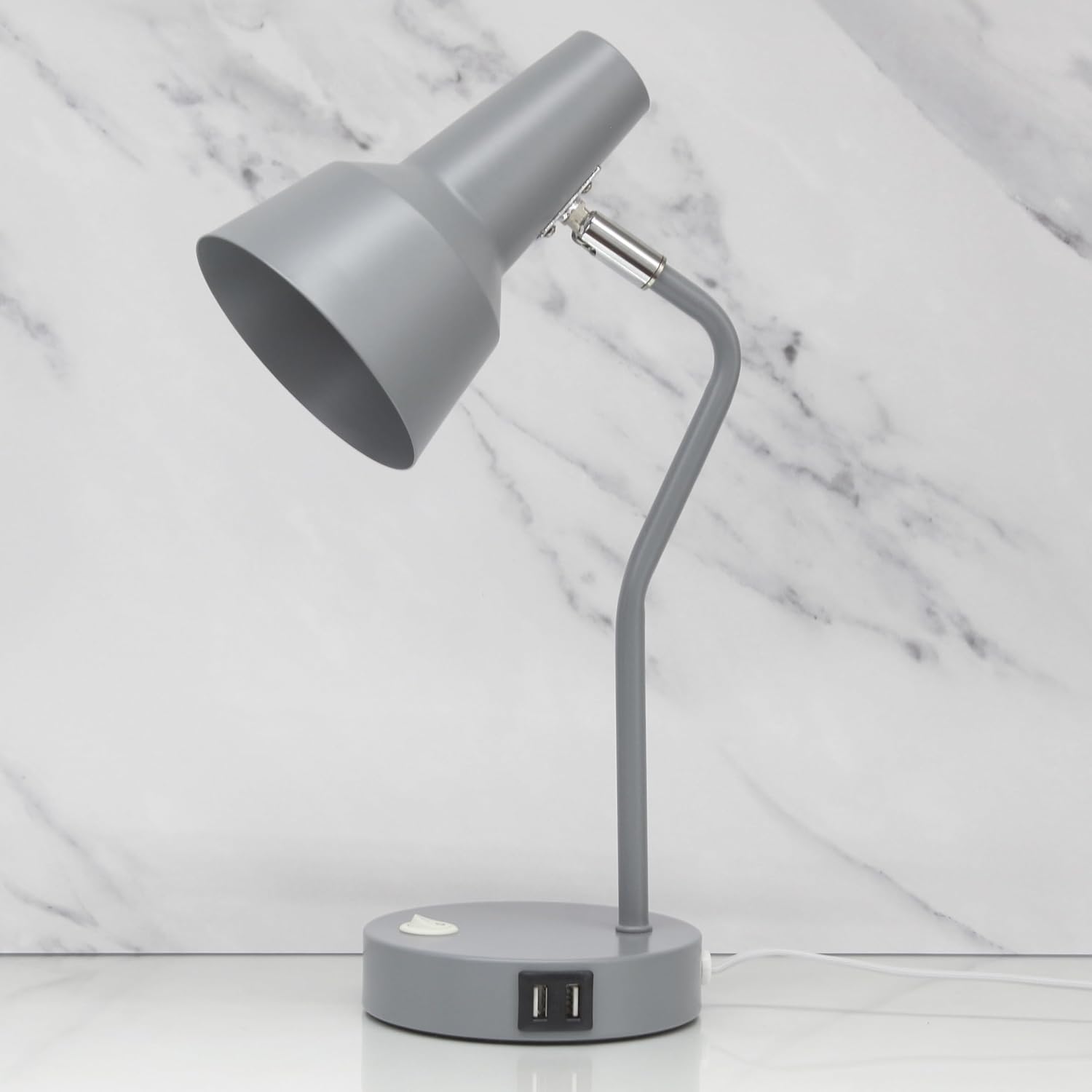 Simple Designs LD1072-GRY 15.2" Sleek Essentials Metal Cone Shade Desk Lamp with Adjustable Shade and Dual USB Ports, for Office, Desk, Nightstand, Dorm, Gray