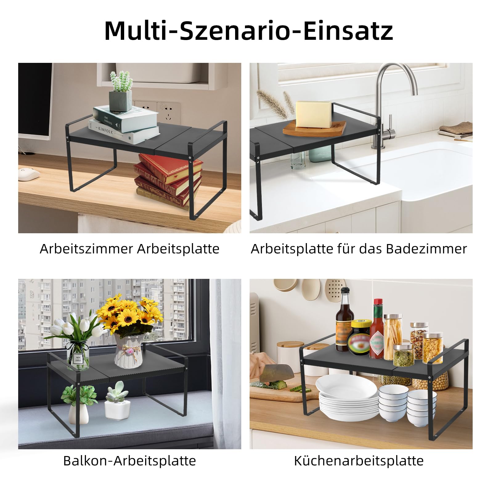 Küchenregal, Küchenschrank Organizer, Teleskop Erweiterbares, Teleskop Schrankeinsatz, Erweiterbarer Küchenregal Stehend, Küchenschrank Erweiterbar Arbeitsplatte Küche, für Gewürze,Dosen (Schwarz) Küche, Haushalt & Wohnen