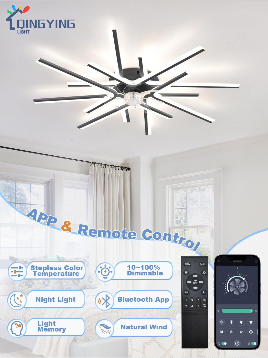 Moderne Lustre Ventilateur Avec Télécommande APP, DC 6 Vitesses Réversibles Ventilateur Plafond Avec Lumiere, LED Dimmable Lustre Ventilo Pour Chambres Et Salons-Black||8 Heads