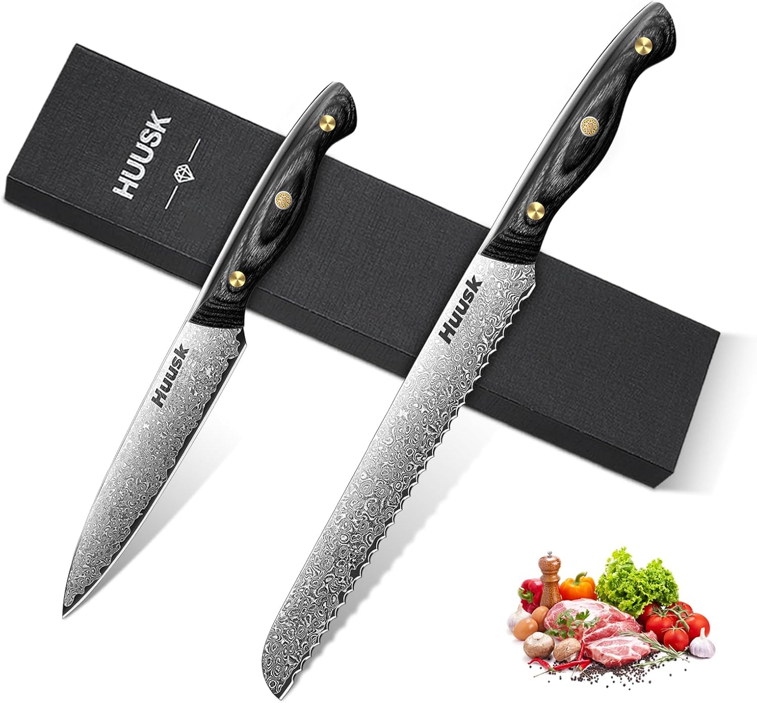 Huusk Damascus Kitchen Utility Knife,5 inch with Ergonomic Wooden Handle for Vegetable Fruit Meat, Serrated Bread Knife for Homemade Bread, VG10 with Wide Wavy Edge,Wooden Handle for Sandwich