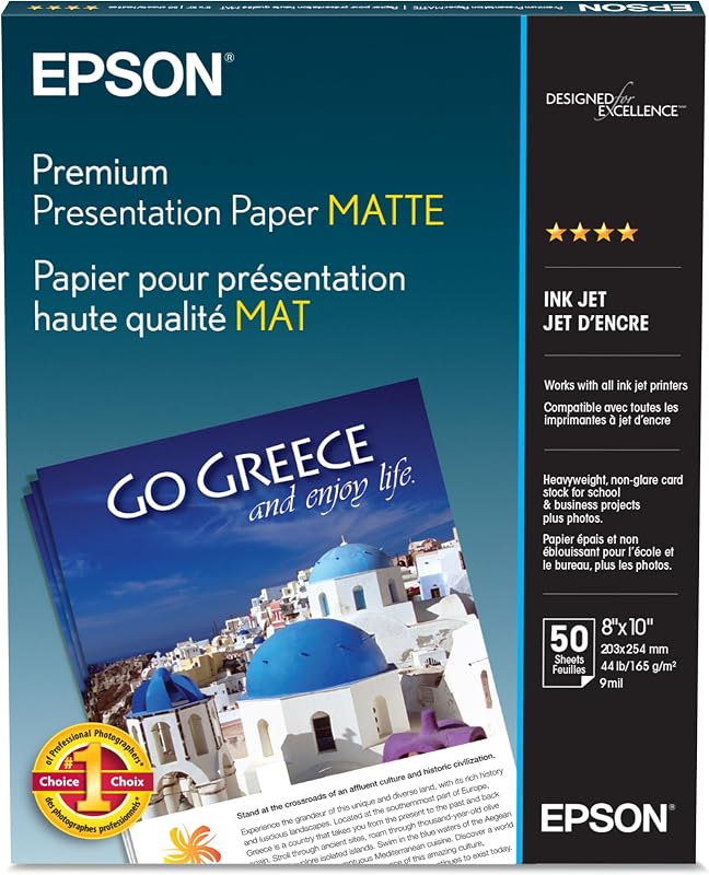 Papel de presentación Epson Premium MATE (8x10 pulgadas, 50 hojas) (S041467), blanco brillante | Cartulina pesada con elegante acabado mate. Funciona con impresoras de inyección de tinta.