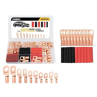 Sanuke 160pcs SC-Copper Wire Lugs Connectors Kit AWG 12 10 8 6 4 2 with Heat Shrink + 10pcs 4 Awg - 3/8" M10 Wire Lugs Ring Terminal Connectors Ends