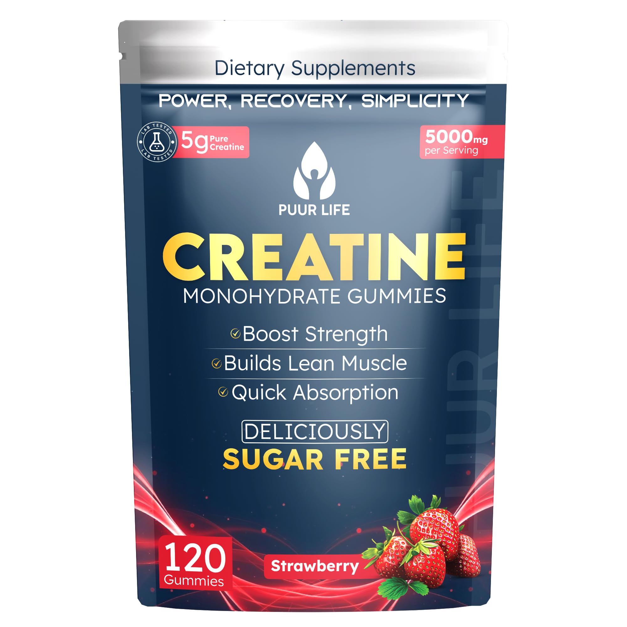 Creatine Monohydrate Gummies 5000mg – 5g per Serving – Sugar Free Vegan Creatine Supplement for Men &amp; Women – Muscle Growth, Strength, Recovery &amp; Energy – 120 Count (Strawberry)