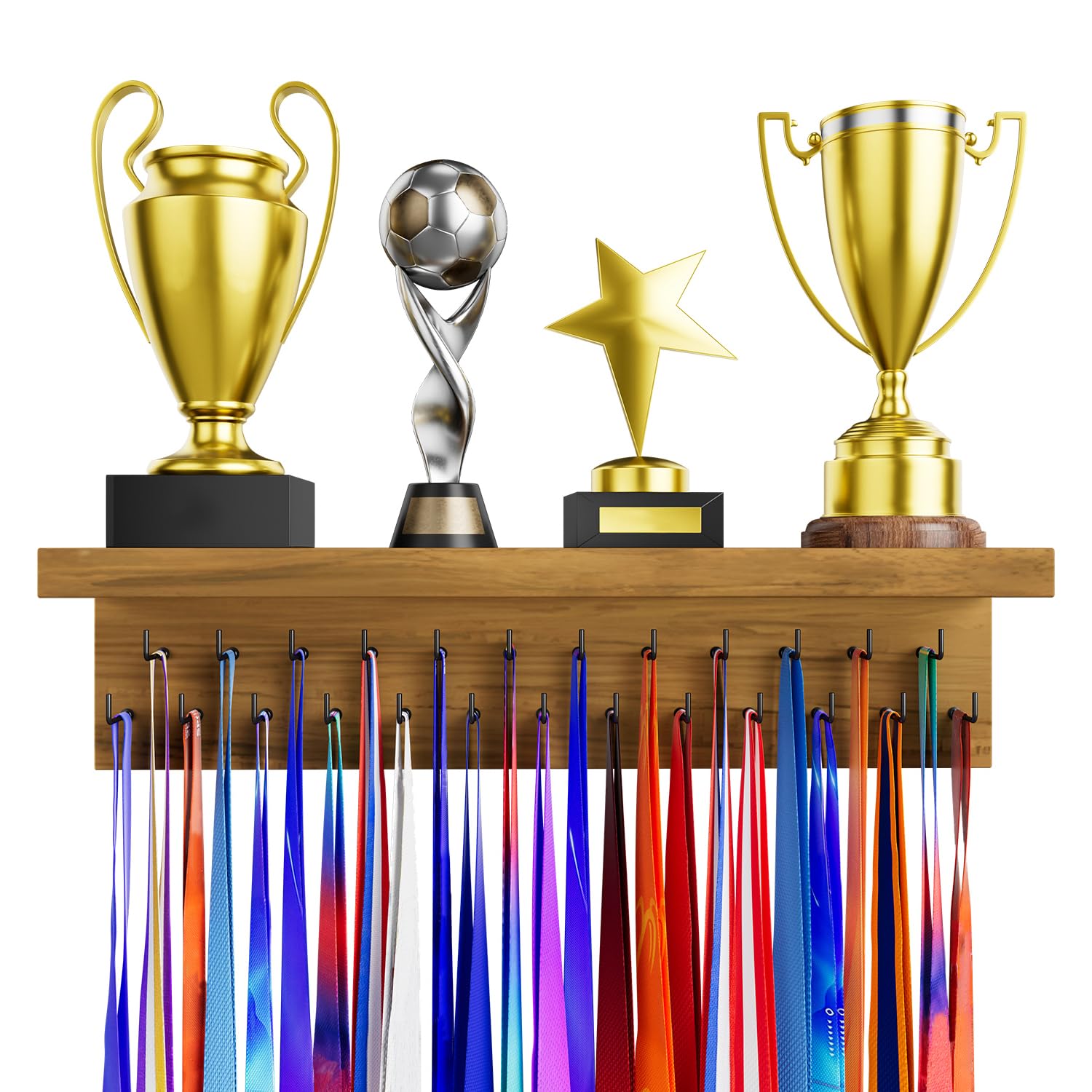 DSVENROLY Medal Holder Display Trophy Shelf Organizer, Sturdy Wooden Race Award Hanger Rack with 25 Steel Hooks, Wall Mount Storage Stand for Sports