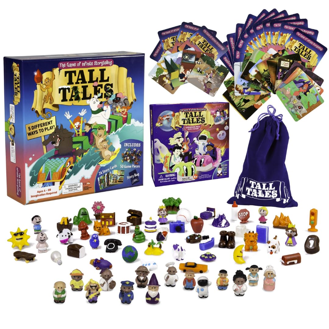 SCS Direct, Tall Tales Board Game & Expansion Combo Pack (93 Piece Set) - Educational Story Telling Game w Story Cards & Game Pieces for 5 Ways to Play for Kids & Adults