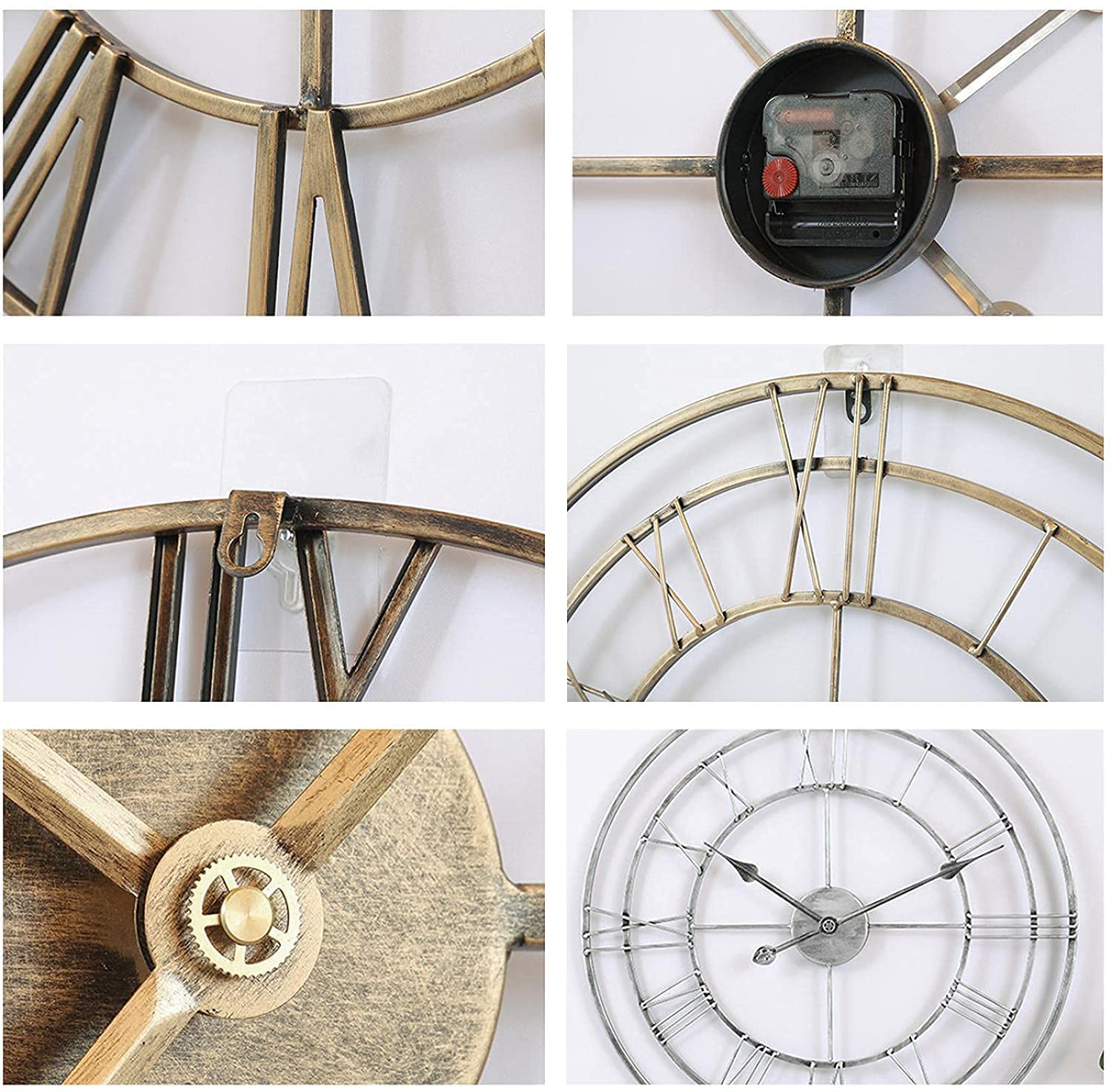 XJBTBA Vintage duży zegar ścienny 60 cm okrągły metalowy cichy, nie tykający na baterie czarne cyfry rzymskie zegary do domu, biura, wnętrz i na zewnątrz wystrój ogrodu srebrny