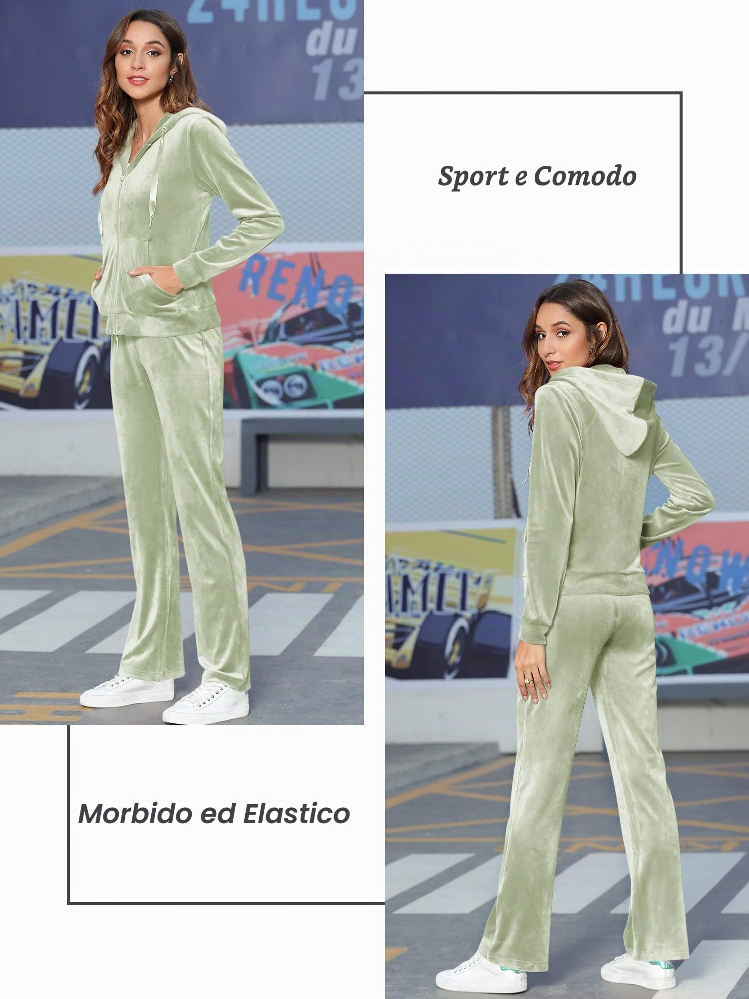 MessBebe, tuta da ginnastica da donna in velluto per il tempo libero lo sport 2 pezzi felpa con cappuccio a maniche lunghe con zip e pantaloni lunghi sportivi verde, XL