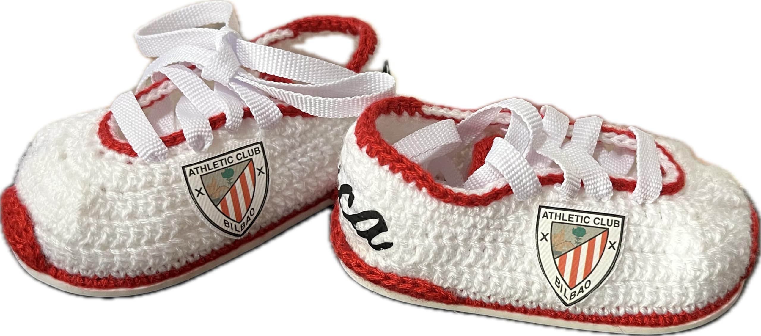 Patucos Futbol para bebe recien nacido de ganchillo del equipo de aficionados al club de Bilbao. Personalizados y disponibles en tallas 0-12 meses. Te regalamos el nombre del bebe grabado