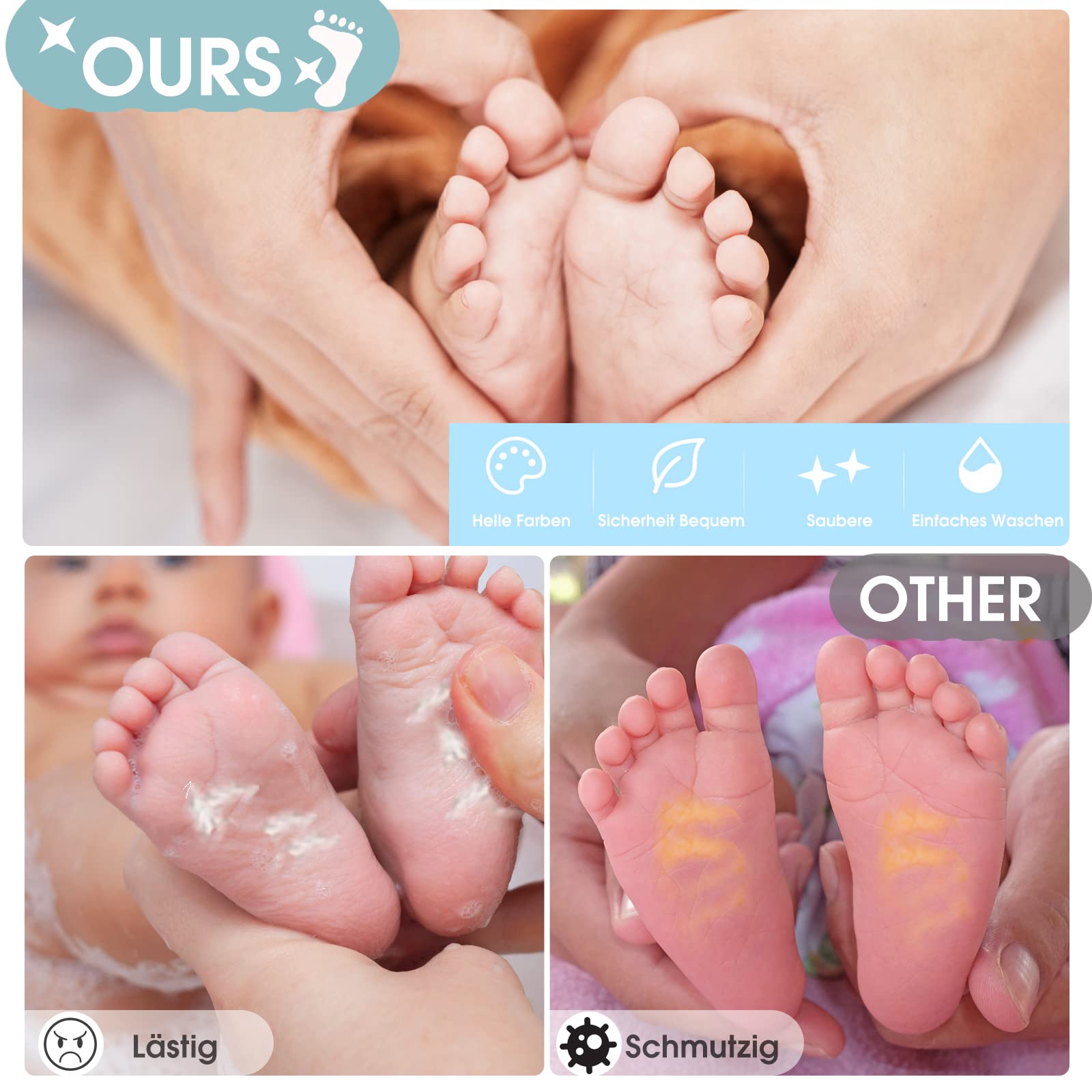 Zestaw 3 odcisków stóp i dłoni dla niemowląt, odcisk dłoni i stóp, zestaw dla dzieci w wieku 0-6 miesięcy, zestaw do stempli Clean Touch dla kota / psa / baby shower