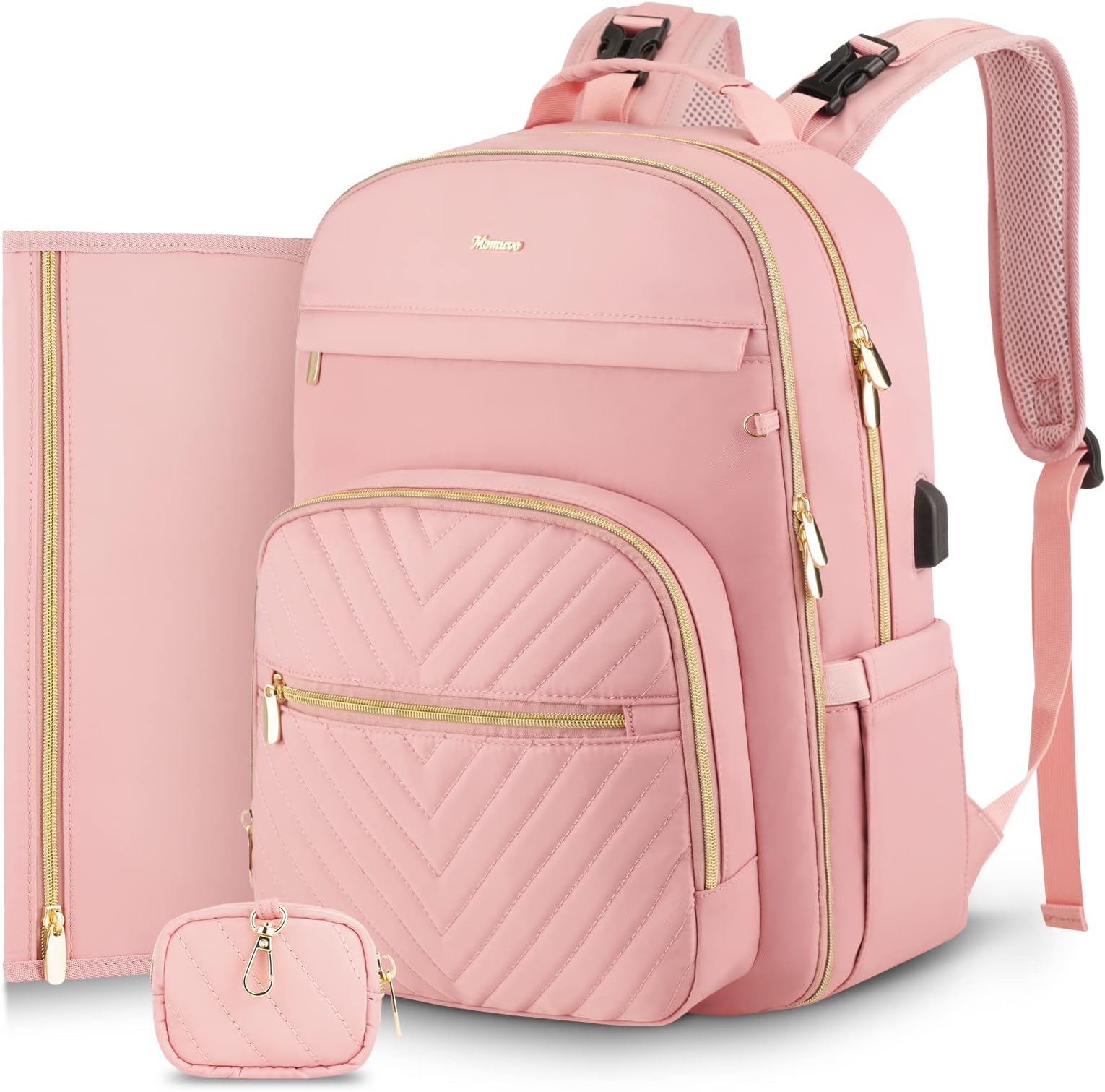 Diaper Bag Backpack, Quilted Baby Bag with Changing Pad & Stroller Straps & Pacifier Case, Large Travel Diaper Bags