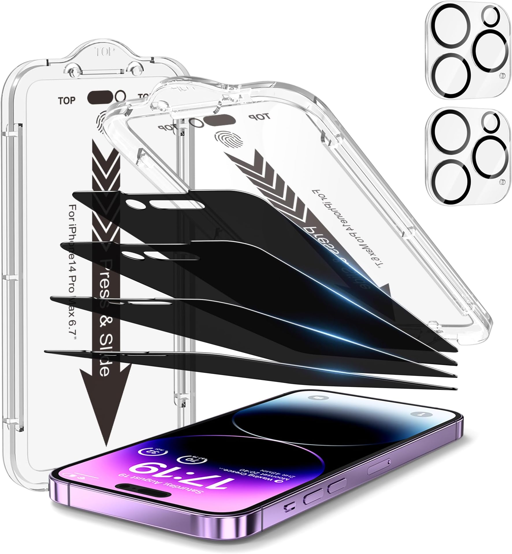 EZ-GLAZ 4-Pack Screen Protectors for iPhone 14 Pro Max[6.7"] Black Privacy with Flawless Fit Kit + 2-Pack Camera Lens Protector, 15-Second Bubble-Free Installation, 9H Hardness, 12FT Military Grade Shatterproof, Scratch Resistant, Tempered Glass