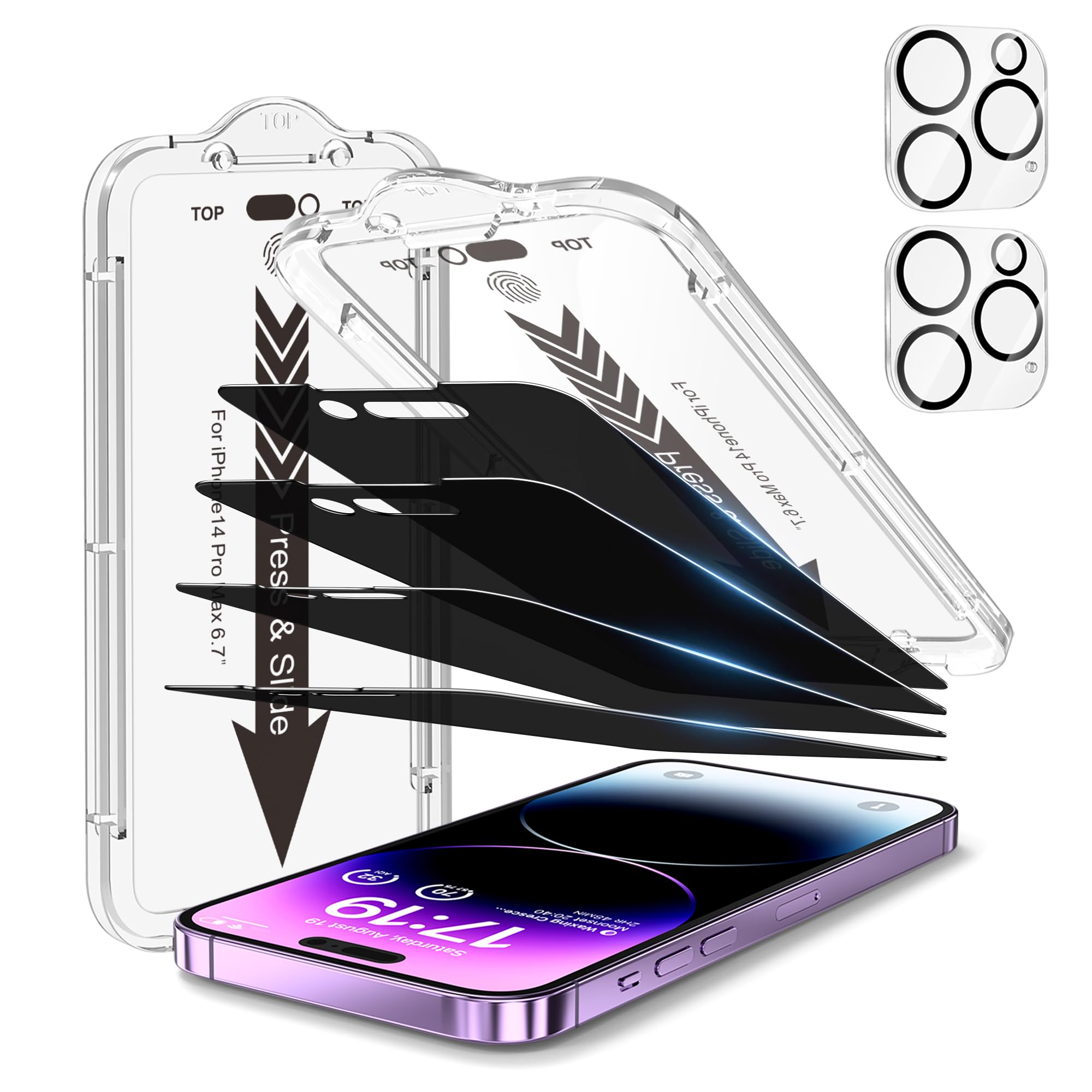 4+2 Pack for iPhone 14 Pro Max Privacy Screen Protector[6.7 inches] With Camera Lens Protector, [Drop Protection] 9H Hardness Full Coverage Anti-Spy Tempered Glass Film, Easy to install