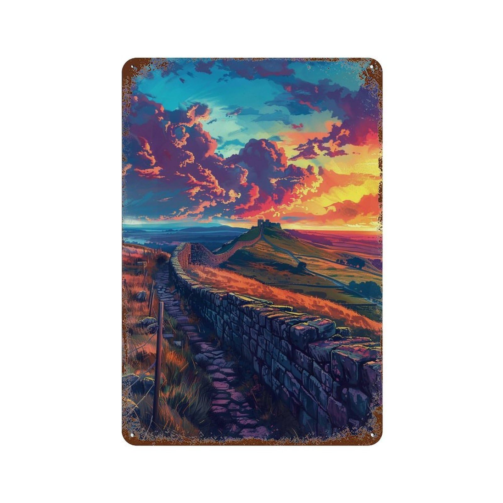 Garage Style Great Wall Sunset Landscape Distressed Metal Wall Sign 11.8"x7.9", Retro Wall Decor for Bar And Workshop