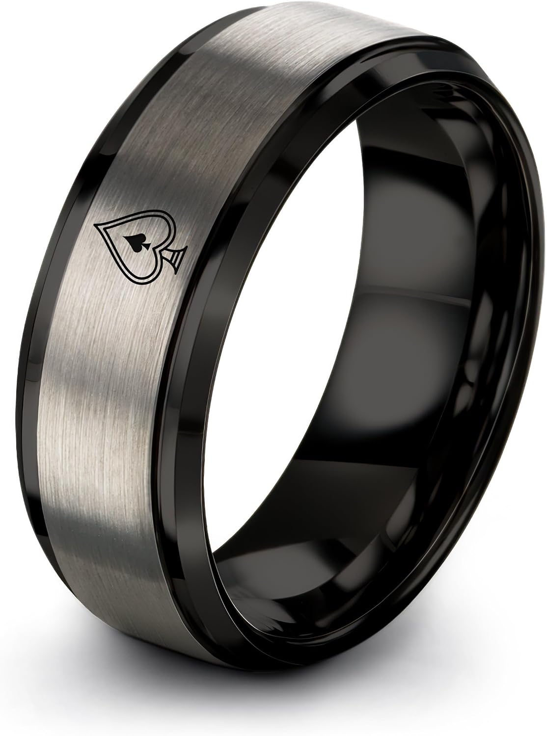 Blackjack Playing Card Ring - Gift for Casino Fan - Flat Dome Bevel - Black Yellow Gold Silver - 8mm - Anniversary Wedding - Tungsten - Men Women - Band - Personalized Custom Engraving - Brushed Polis
