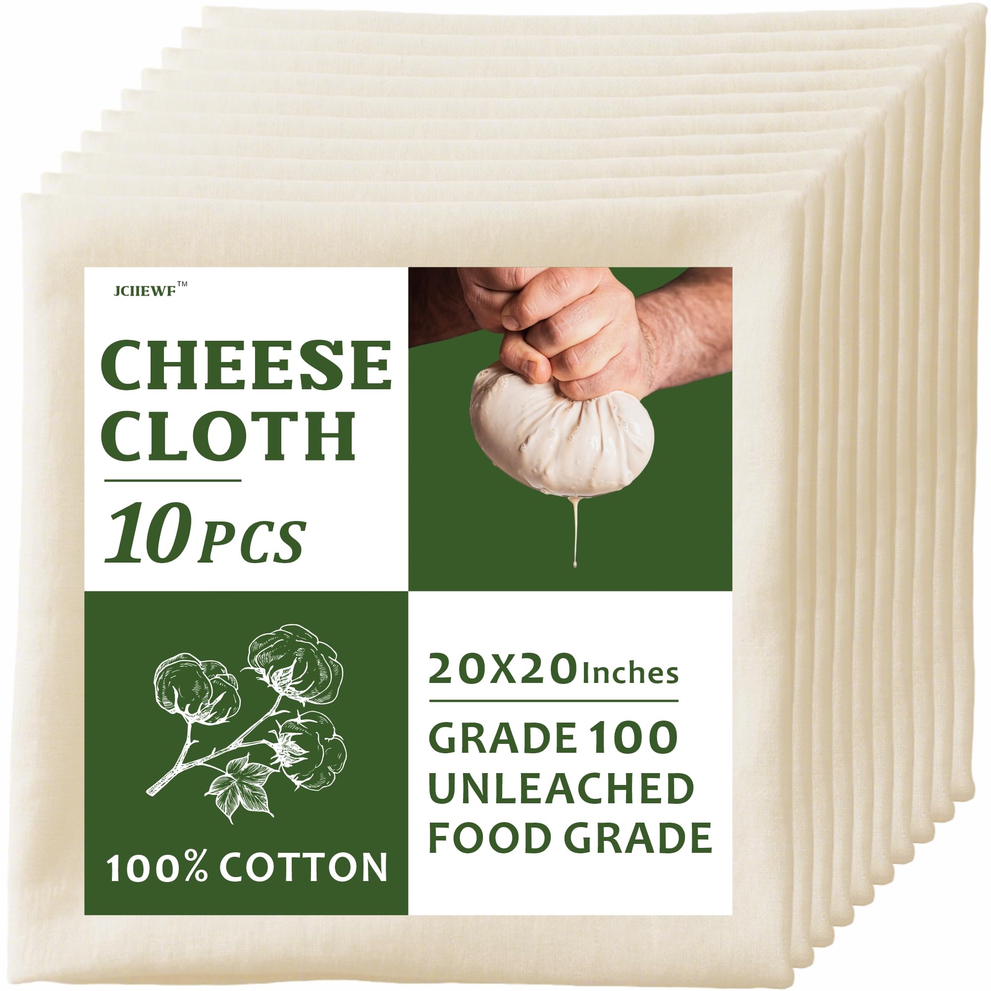 10 PCS Cheesecloth, 20x20 Inch Grade 100, 100% Unbleached Cotton Reusable Hemmed Cheese Cloths for Straining, Nut Milk, Baking &amp; Cheese Making