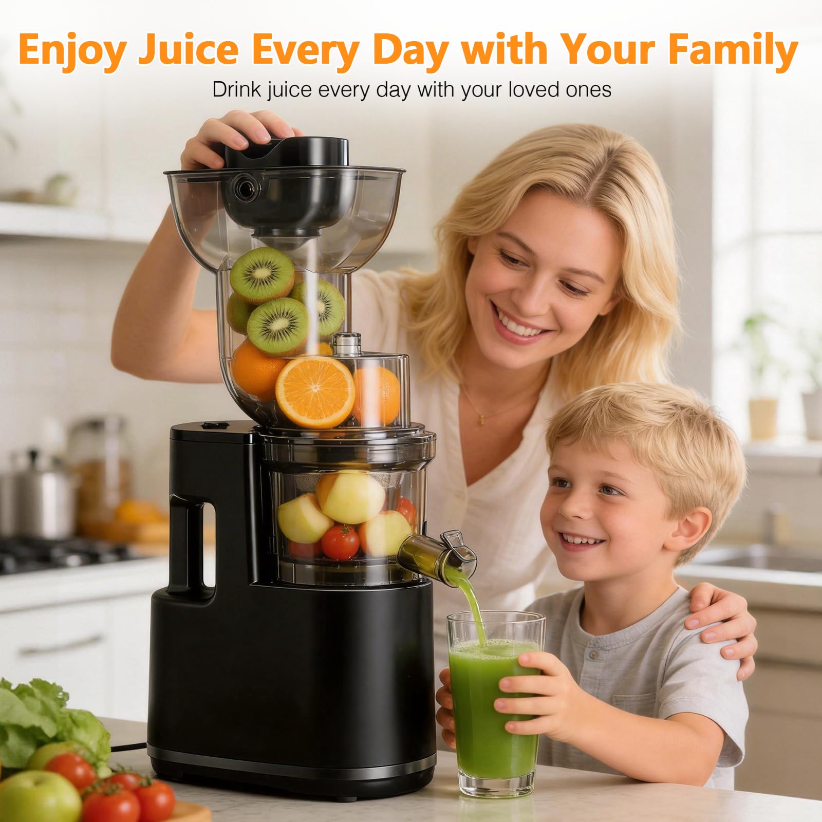 Extracteur de Jus 500W, Slow Juicer Grande Ouverture 170mm, Sans BPA, 99% de Rendement, 2 Récipients