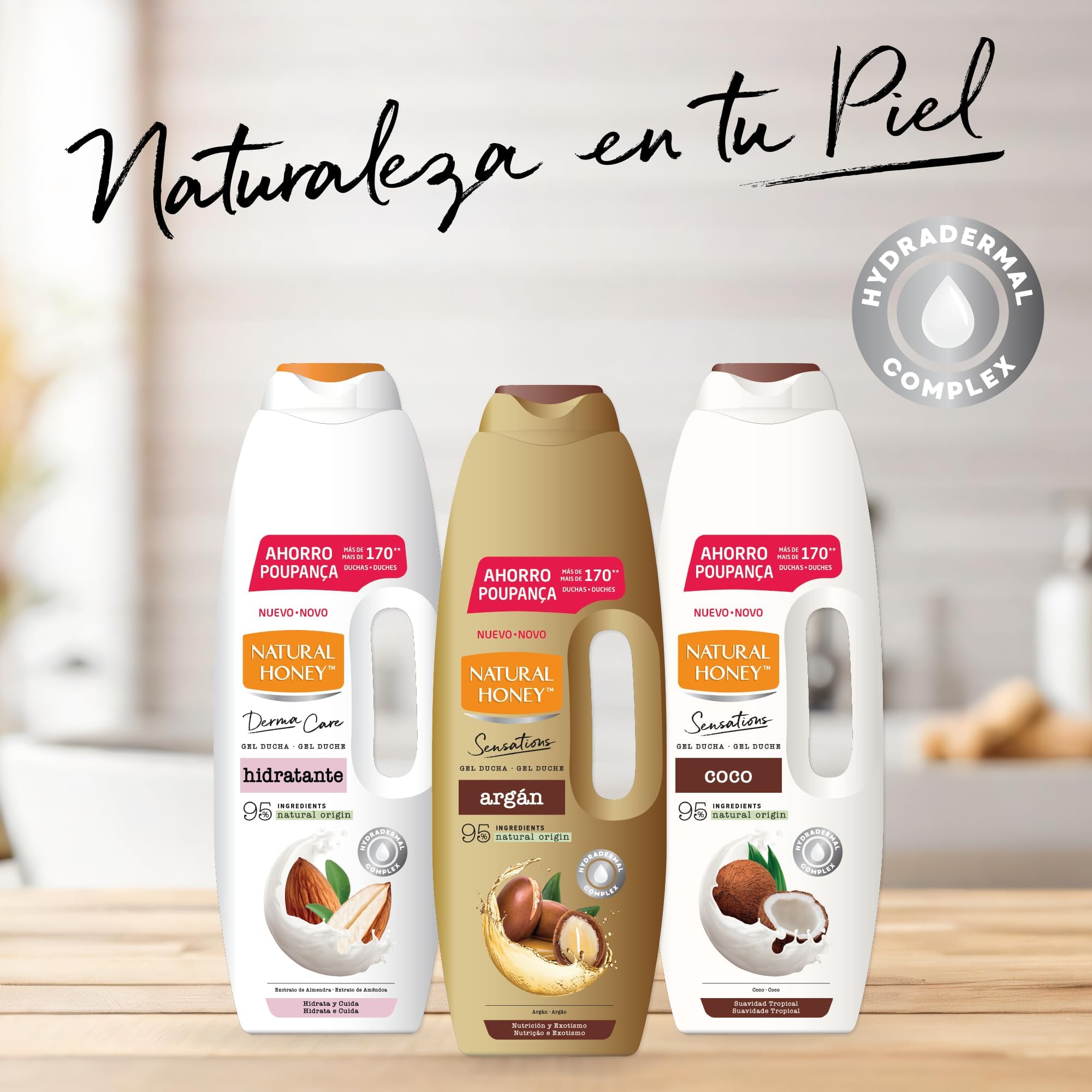 Natural Honey, Gel de Ducha con Extracto de Argán Nutritivo y Reafirmante, con Hydradermal Complex para una Piel Sedosa e Hidratada, Ingredientes de Origen Natural, Línea Sensations, 1350 ml