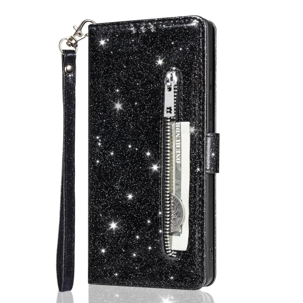 Generic Compatible avec Samsung Galaxy S10E (couleur : noir) Étui portefeuille en cuir avec fermeture éclair à paillettes