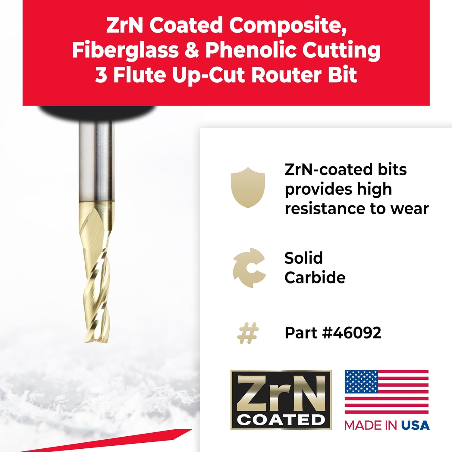 Amana Tool CNC Solid Carbide Up-Spiral Router Bit for Composite, Fiberglass, Phenolic, ZrN Coated, 46092, 3/16 Dia x 5/8 x 1/4 Shank x 2-1/2 Inch Long
