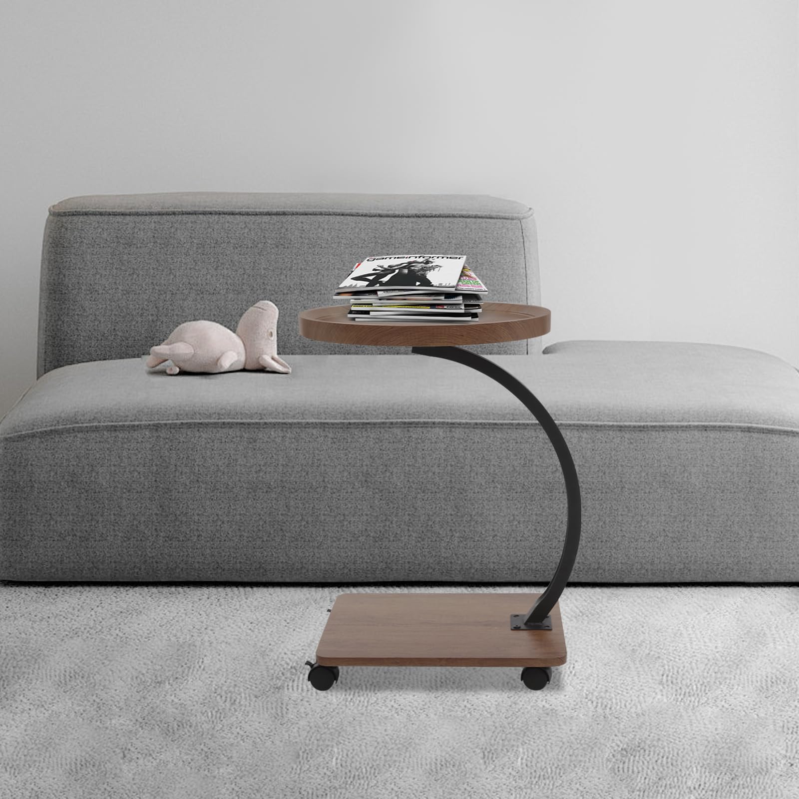 Mesa auxiliar en forma de C, sofá mesa auxiliar con ruedas, pequeña mesa de café de madera de metal, mesa de café móvil, mesa lateral estrecha, mesita de noche para salón, dormitorio, cama