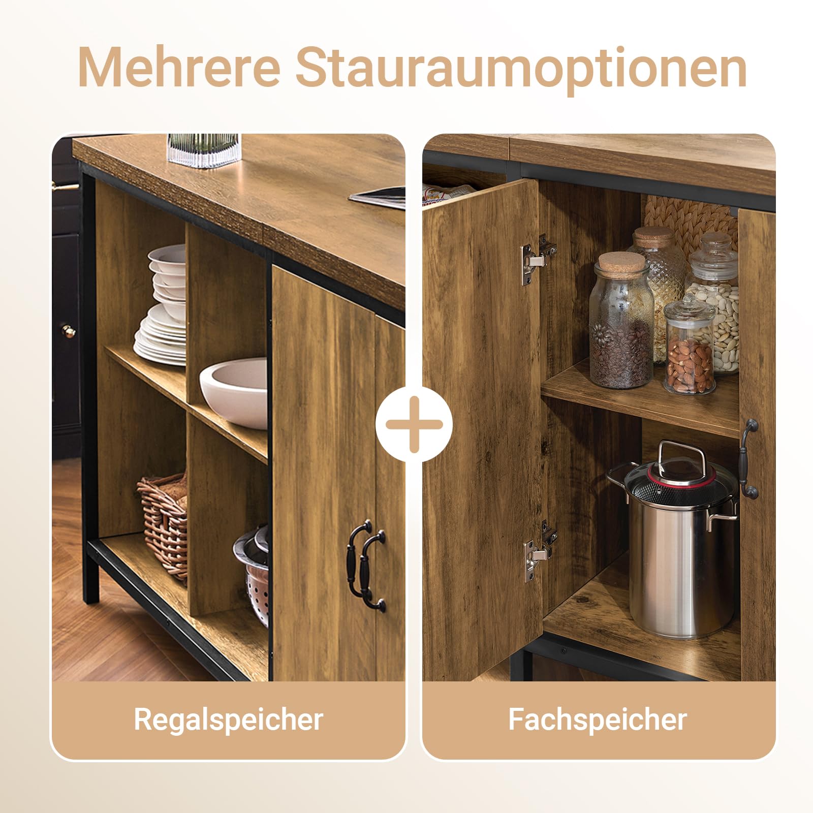 SoBuy Freistehende Kücheninsel & Küchenschrank Multifunktionale Küchenaufbewahrungseinheit, Sideboard, Buffet im Industrie-Design, Vitrinenschrank für Küche und Wohnzimmer 170x89x60 cm KNL01-F